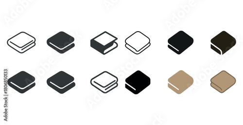 Set of twelve book icons in various colors and styles