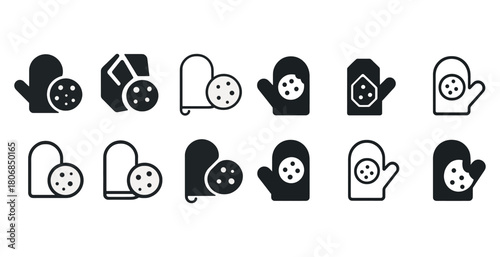 Set of oven mitt icons with cookie designs in black and white