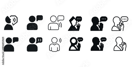 Communication icons: talking, whispering, listening silhouettes