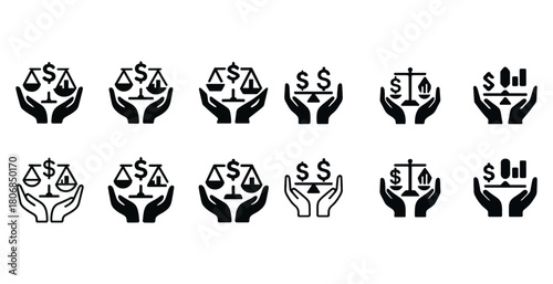 Set of business and legal icons featuring hands, scales, and dol