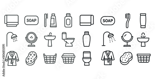 Bathroom essentials: soap, towels, toiletries, and fixtures icon