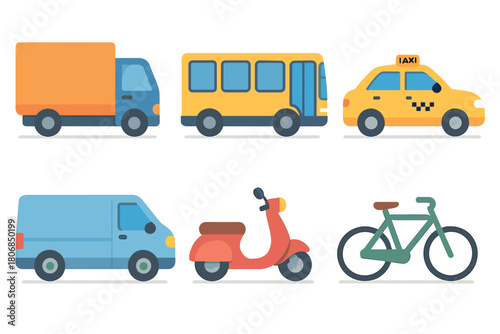 City transport options including van, bus, taxi, scooter, and bicycle. Set of 6 vector illustration
