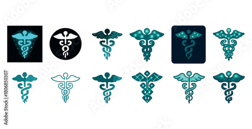 Various caduceus symbols in different design styles on white bac