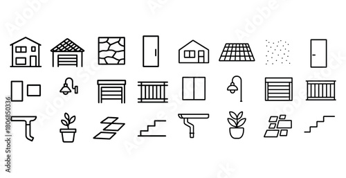 Home and garden icon set: roofing, flooring, doors, and more