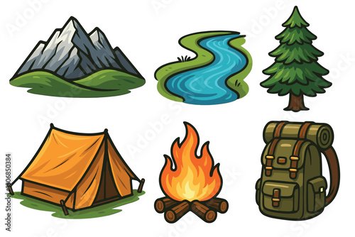 Camping adventure in nature with mountains, river, and campfire. Set of 6 vector illustration