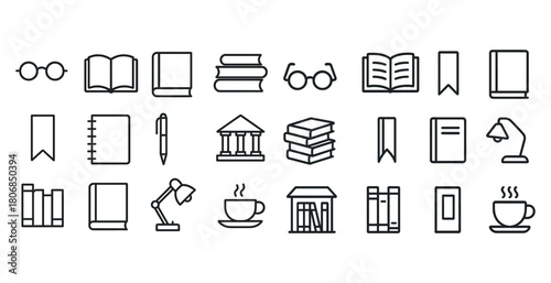 Library and reading icons set: books, glasses, lamp, bookmark
