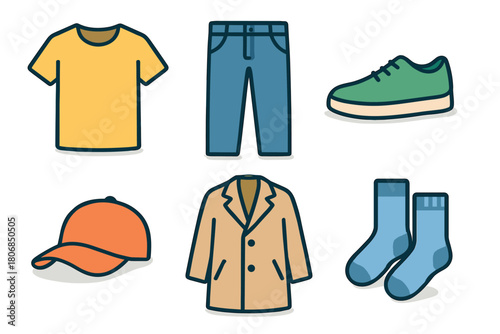 Casual clothing t shirt, jeans, shoes, cap, and jacket. Set of 6 vector illustration