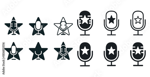 Microphone and star icon set for music and podcast themes