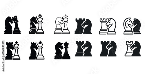 Black and white chess icons set featuring king, knight, and rook
