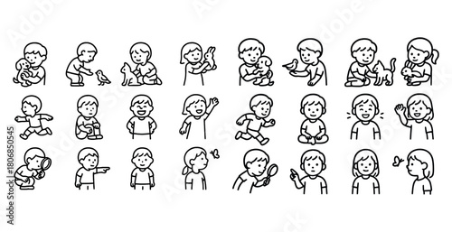 Cartoon illustrations of children interacting with animals in va