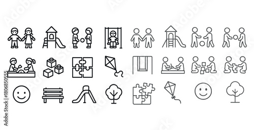 Outline icons of children playing on playground with puzzles and