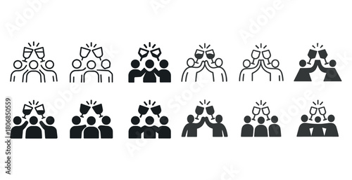 Diverse icon set of people toasting with glasses in black and wh