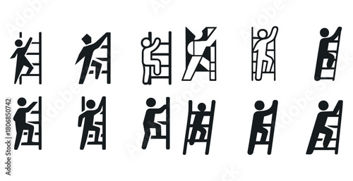 Silhouette icons of people climbing stairs and ladders in variou