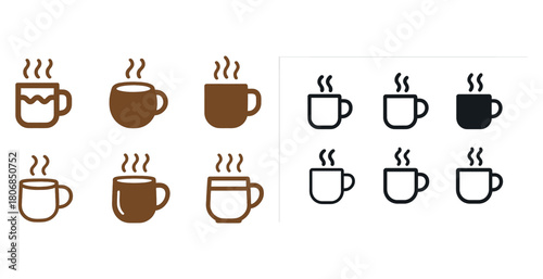Various coffee cup icons in brown and black with steam