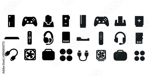 Gaming console and accessories icon set including controllers an