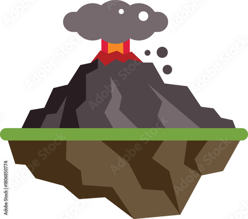 Volcano erupting with magma, smoke, and ash cloud on a floating island with grass and dirt