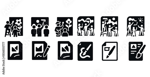 Art creation icons: painting, drawing, group activities, documen