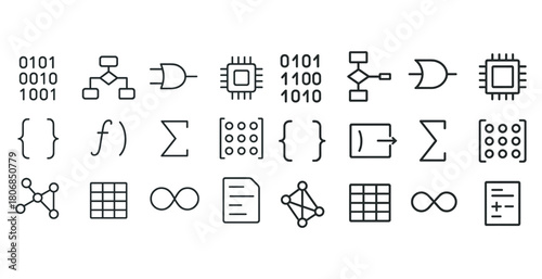 Digital logic symbols set with binary codes and mathematical not