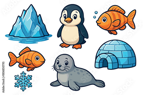 Cute animal characters in an icy arctic scene for childrens designs. Set of 6 vector illustration