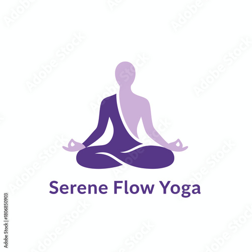 A seated human form in a meditative pose. Two-tone color with purple and a lighter hue. Words