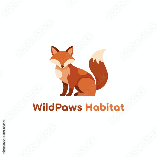A stylized fox in warm earth tones sits, with text below. The fox has a bushy tail