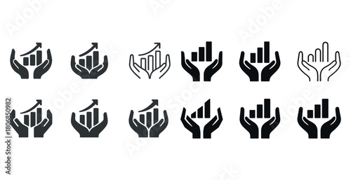 Growth chart icons with hands symbolizing economic development a