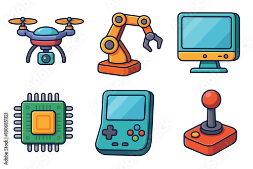 Modern tech showcases diverse devices and components. Set of 6 vector illustration