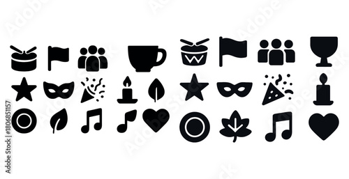 Collection of various black icons on white background: music, na