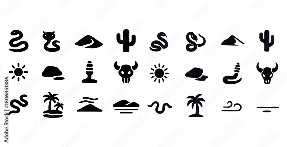 Naklejka premium Desert icons collection: cacti, skulls, snakes, sun, waves, palm