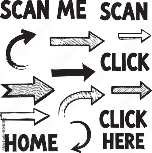Hand drawn arrows and text elements for navigation and calls to action