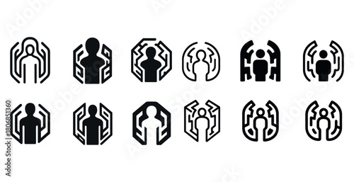 Collection of abstract geometric icons featuring human silhouett