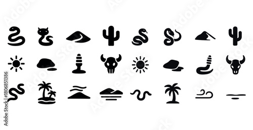 Desert icons collection: cacti, skulls, snakes, sun, waves, palm