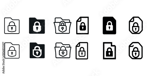 Set of secure folder and document icons with padlocks