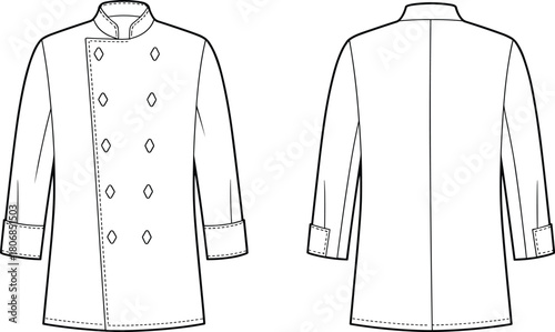 Professional chef coat technical flat sketch, long sleeve double breasted kitchen uniform, restaurant apparel design template, culinary fashion vector illustration