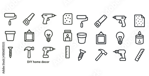 Diy home decor icons: tools and accessories for creative project