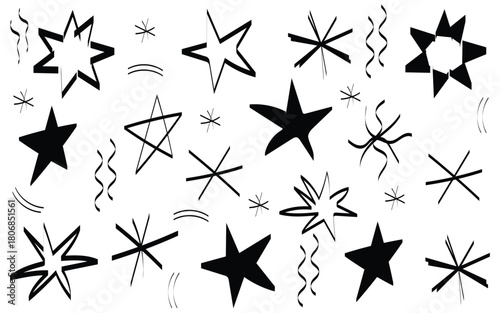 abstract star doodle pattern illustration, hand drawn starburst sketch elements, minimalist black star shapes design