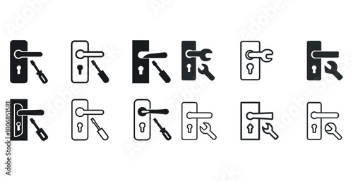 Black and white door handles with maintenance tools icons collec