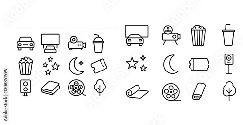 Minimalist icons representing cinema and outdoor movie themes
