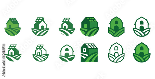 Set of eco-friendly house icons with solar panels and green fiel