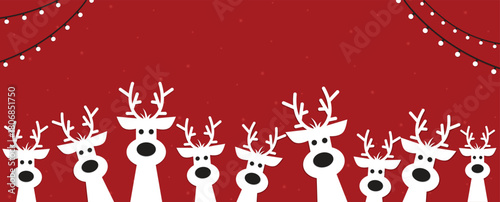 Cute Christmas reindeer on a red background. Christmas background, banner, or card. New trending vector illustration.