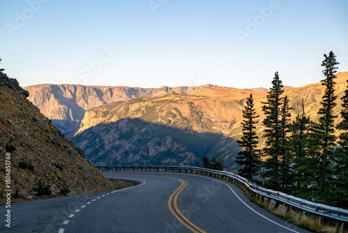 The road with Sunset Glow on the Beartooth Valley Peaks