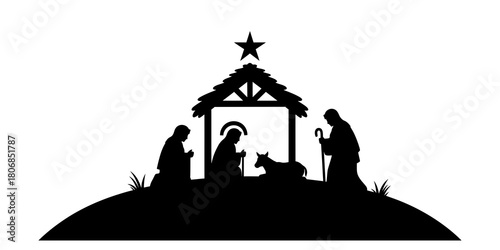 Christmas Nativity Scene Silhouette with Holy Family and Shepherd