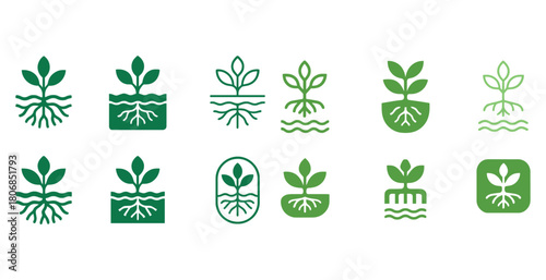 Set of green plant icons featuring roots in various graphic styl