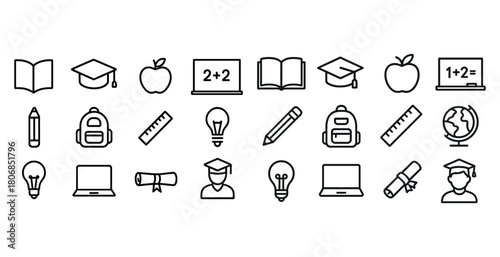 Educational icons set: books, graduation caps, and school suppli