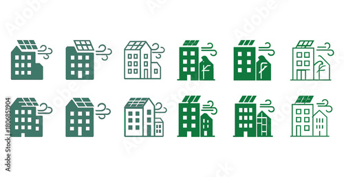 Green energy buildings: sustainable solar and wind power icons