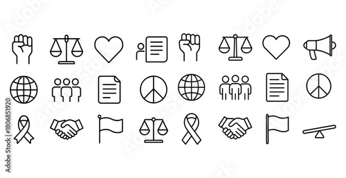 Black and white political icons set featuring symbols of justice