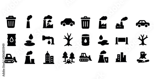 Environmental symbols: pollution, waste, deforestation icons