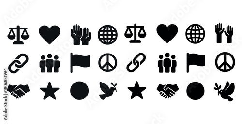Set of peace and unity icons: diverse symbols of harmony and jus