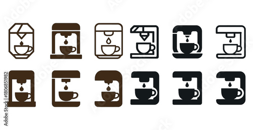 Coffee maker icon set: espresso machine designs with coffee cup