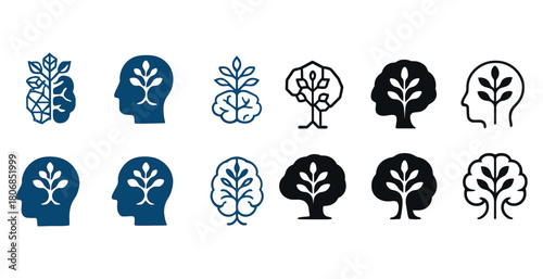 Brain tree icons: nature and intelligence fusion in blue and bla